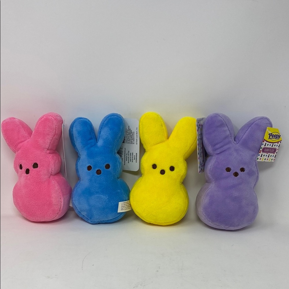 Set of 4 New Peeps Plush 6" Bunny, The Classic Yellow,  Pink, Purple And Blue.